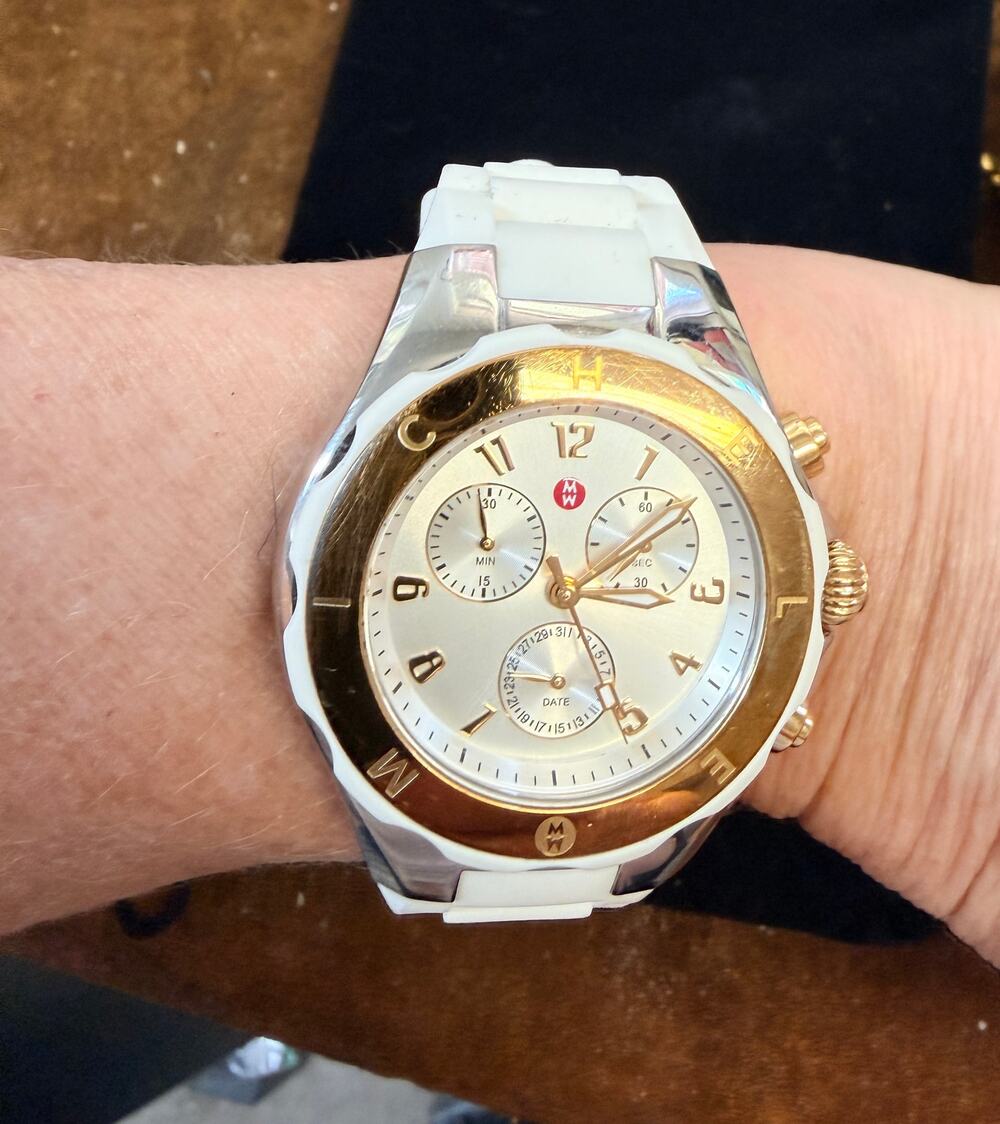 MICHELE Tahitian Jelly Bean Chronograph Watch White strap Gold-tone silver EUC